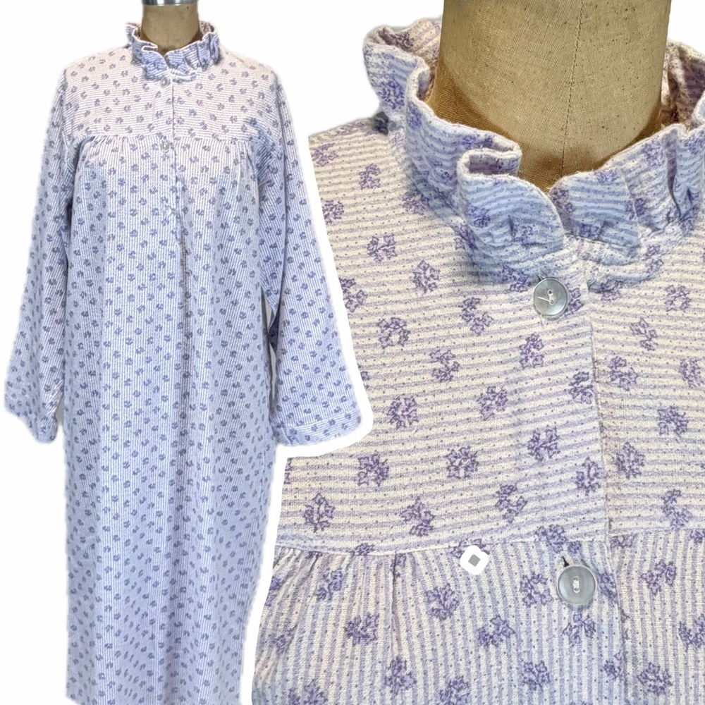 VINTAGE lavender floral cotton flannel maxi nightgown long sleeve ruffle neck